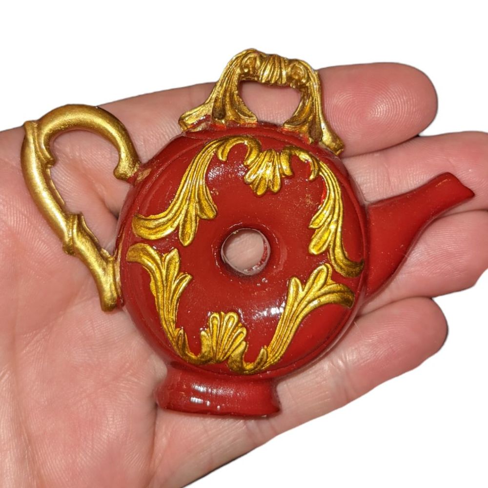 Miniature Teapot Figurine | Red and Gold Filigree